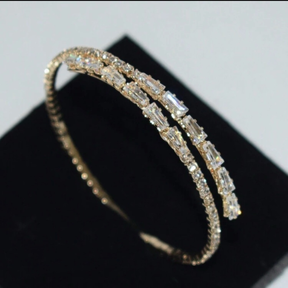 Gold Double Row Baguette Cz Tennis Bangle Bracelet | Adjustable 3/$30